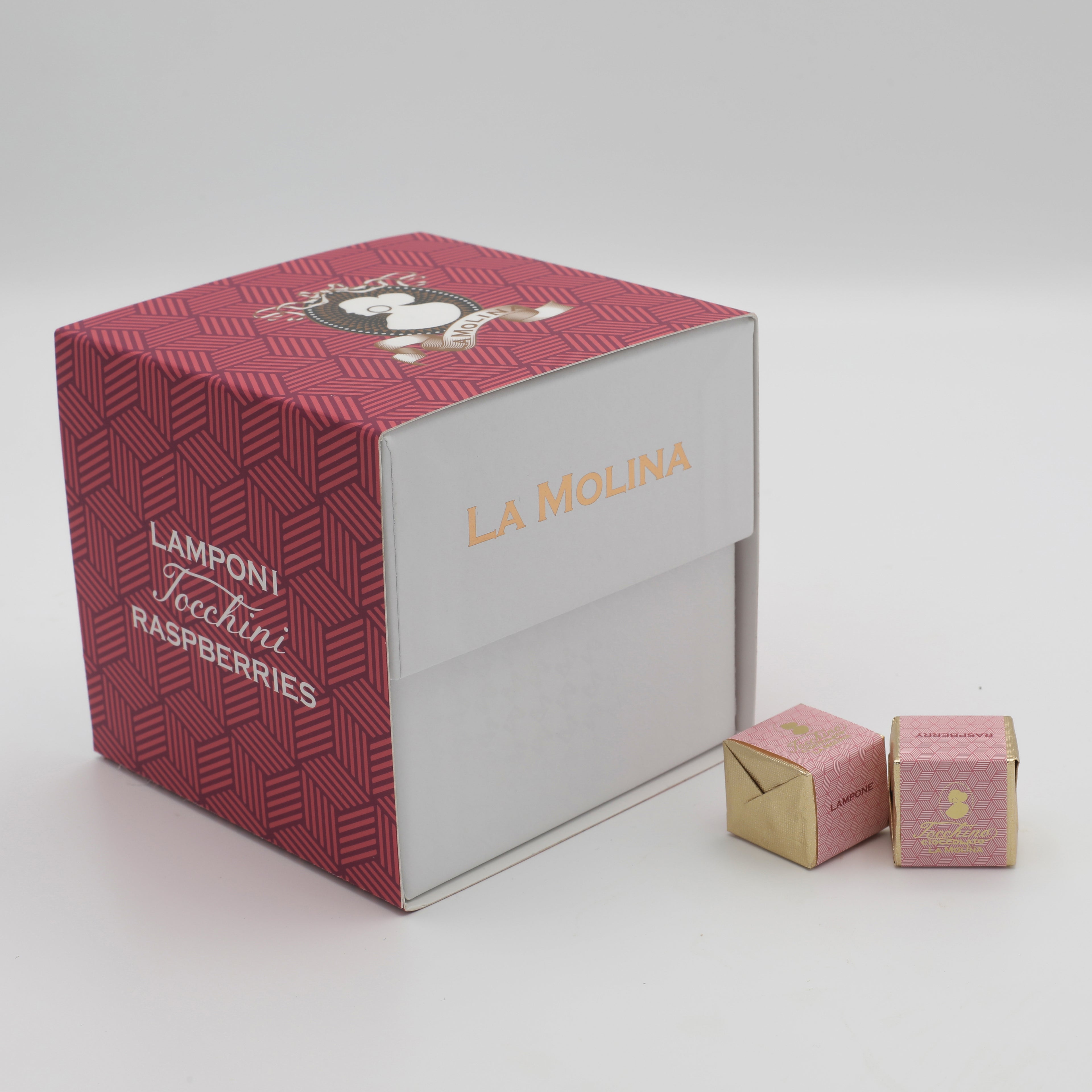 30 TOCCHINI INCARTATI CIOCC.BIANCO E LAMPONE SCATOLA CUBO
