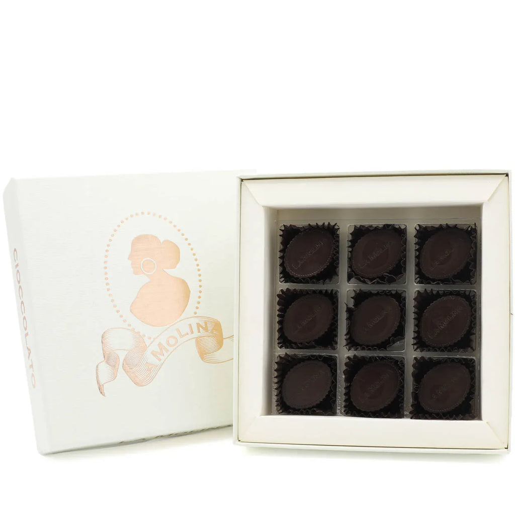 NINE DARK CHOCOLATE, GIANDUJA AND COCOA NIB PRALINES 85G