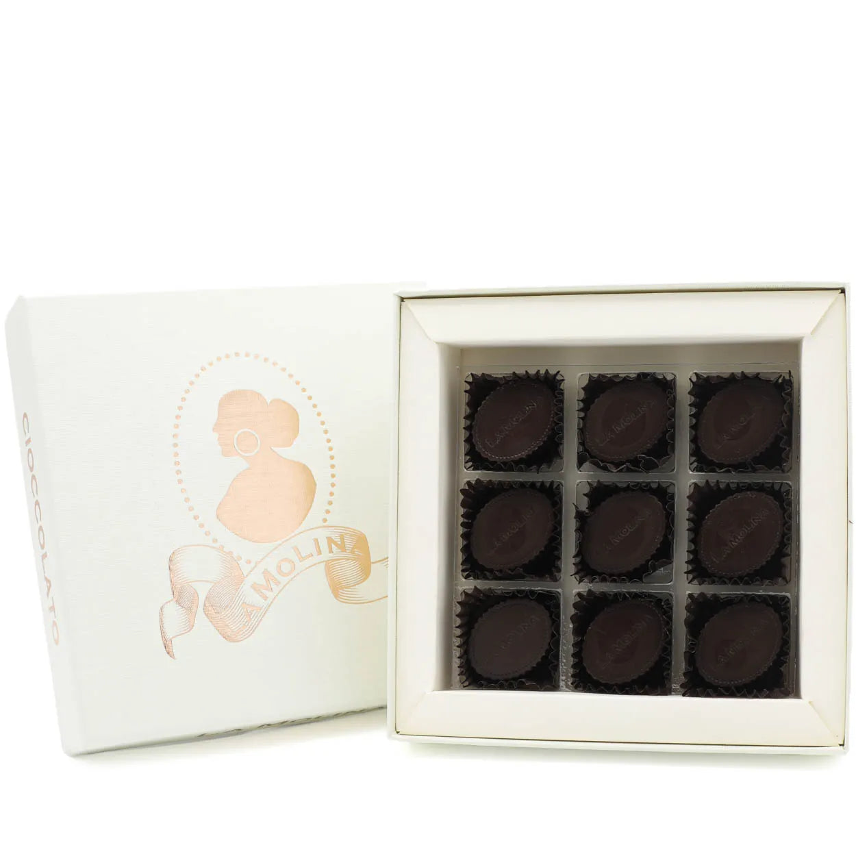 NINE DARK CHOCOLATE, GIANDUJA AND COCOA NIB PRALINES 85G