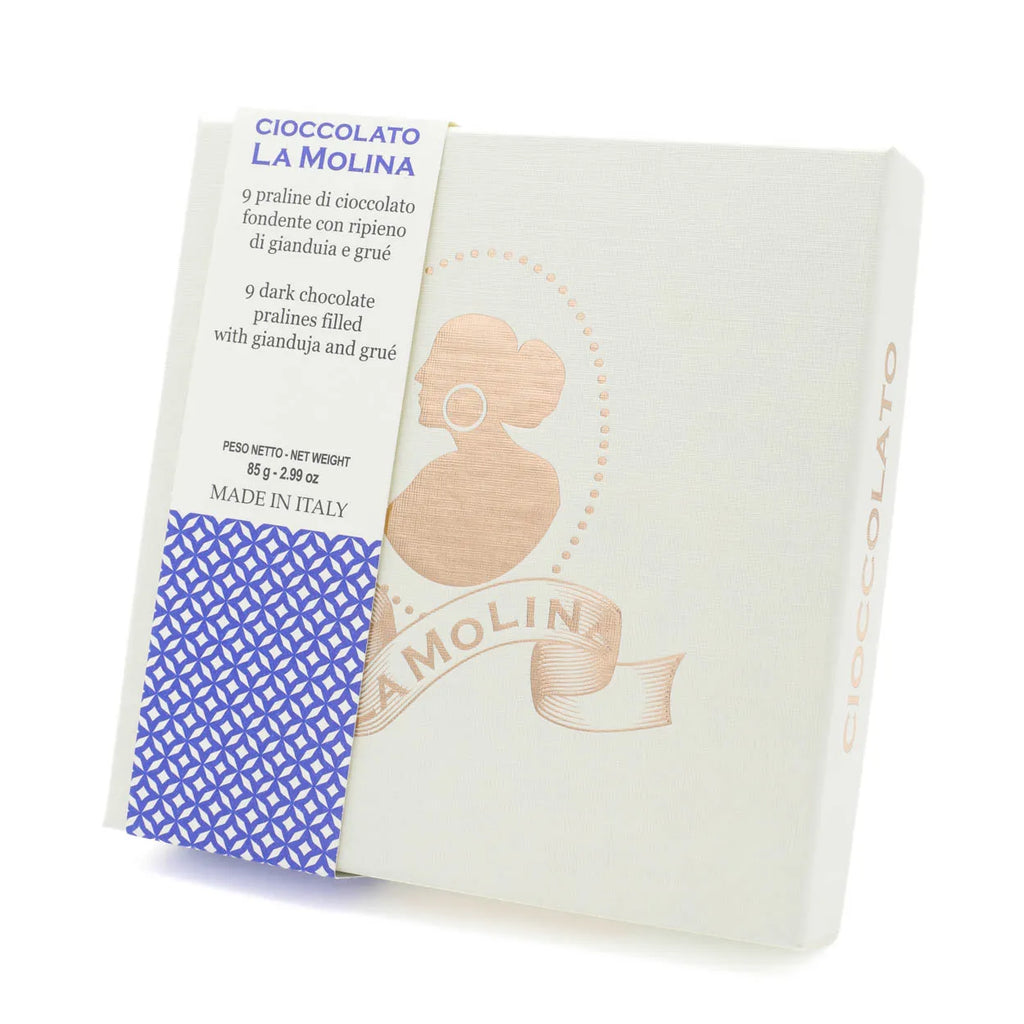 NINE DARK CHOCOLATE, GIANDUJA AND COCOA NIB PRALINES 85G