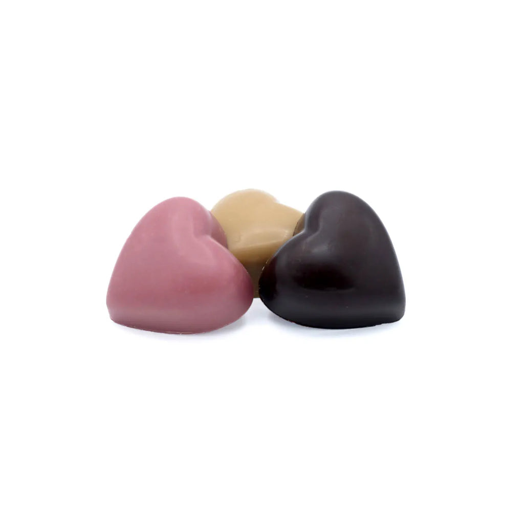 NINE SALTED GIANDUJA, COFFEE, AND RASPBERRY HEART PRALINES 90 GR