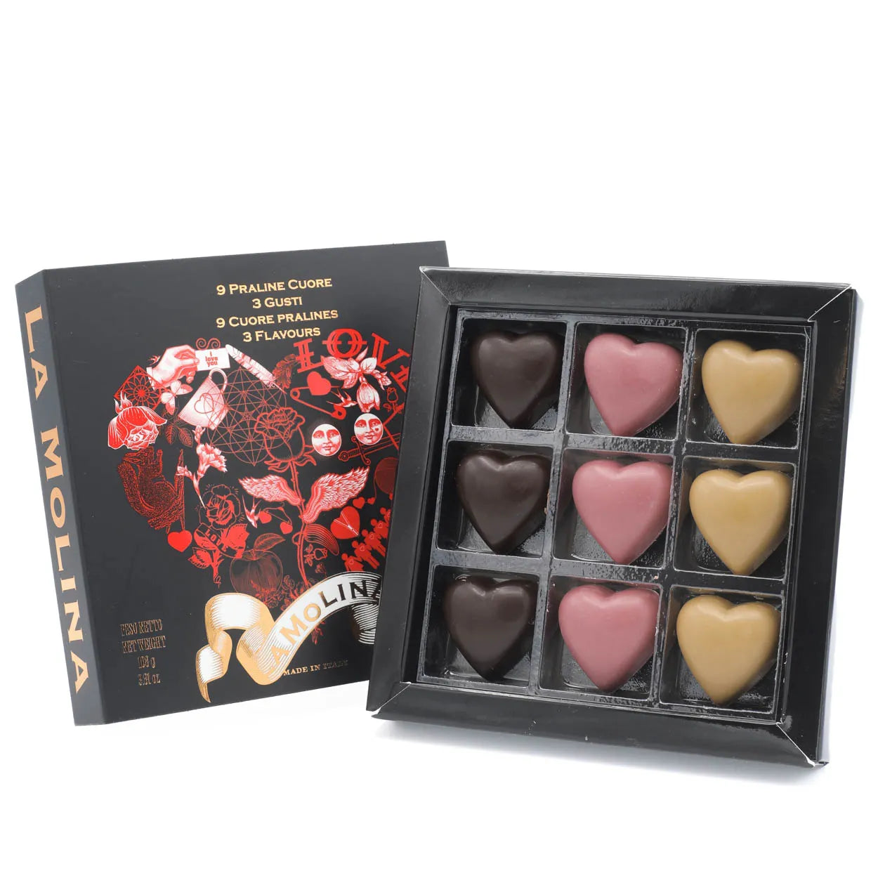 NINE SALTED GIANDUJA, COFFEE, AND RASPBERRY HEART PRALINES 90 GR