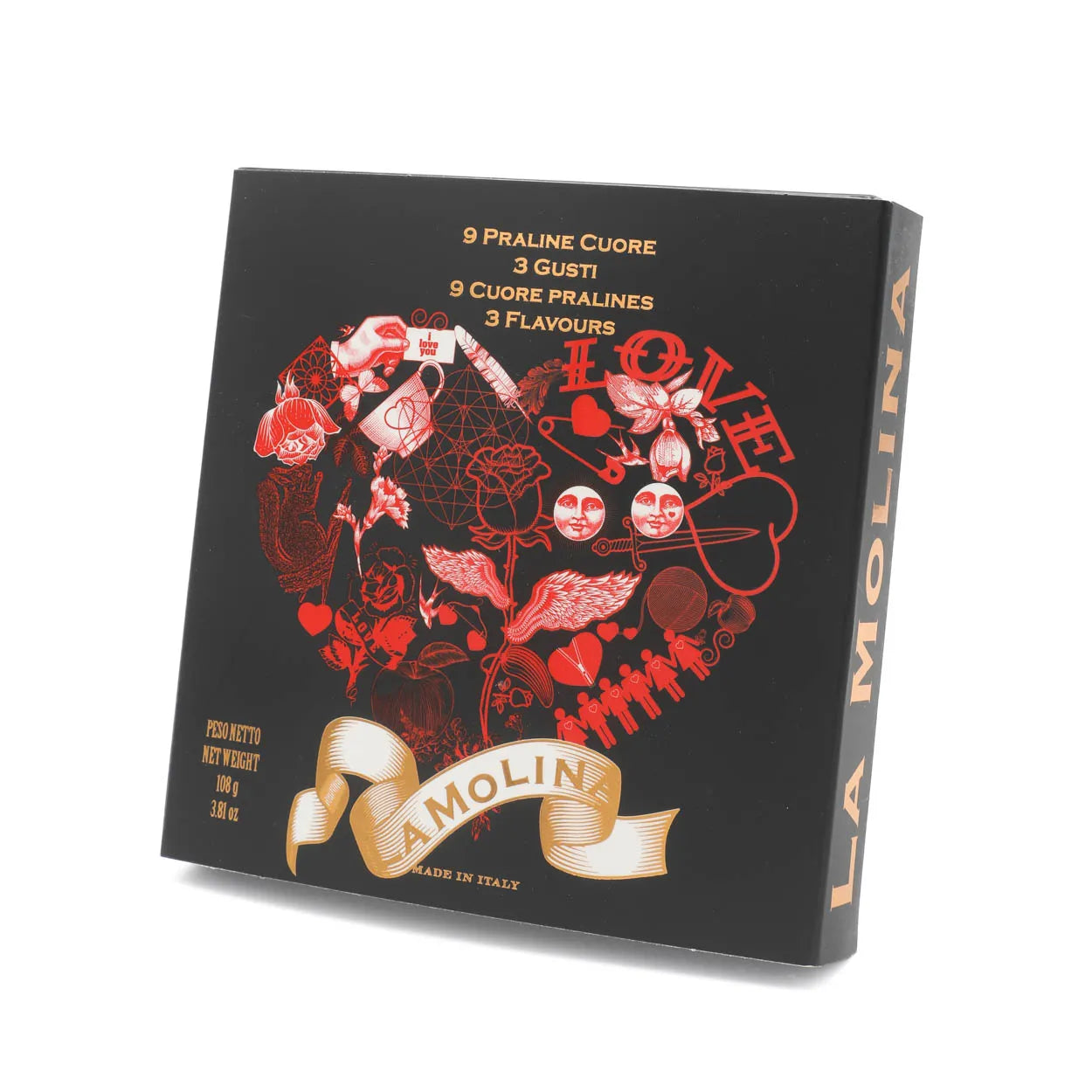 NINE SALTED GIANDUJA, COFFEE, AND RASPBERRY HEART PRALINES 90 GR
