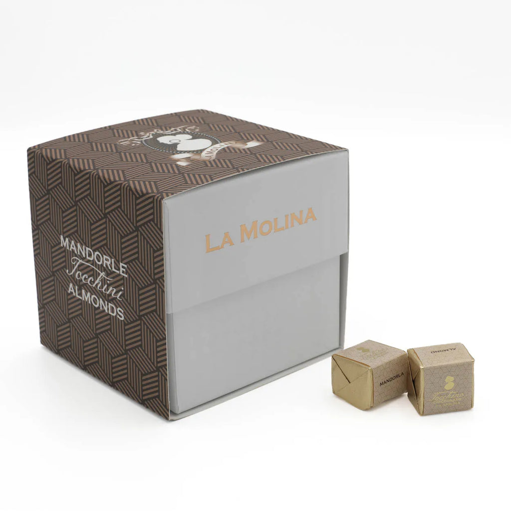 30 FOILED MILK CHOCOLATE GIANDUIA AND SALTED ALMOND SQUARES CUBE BOX