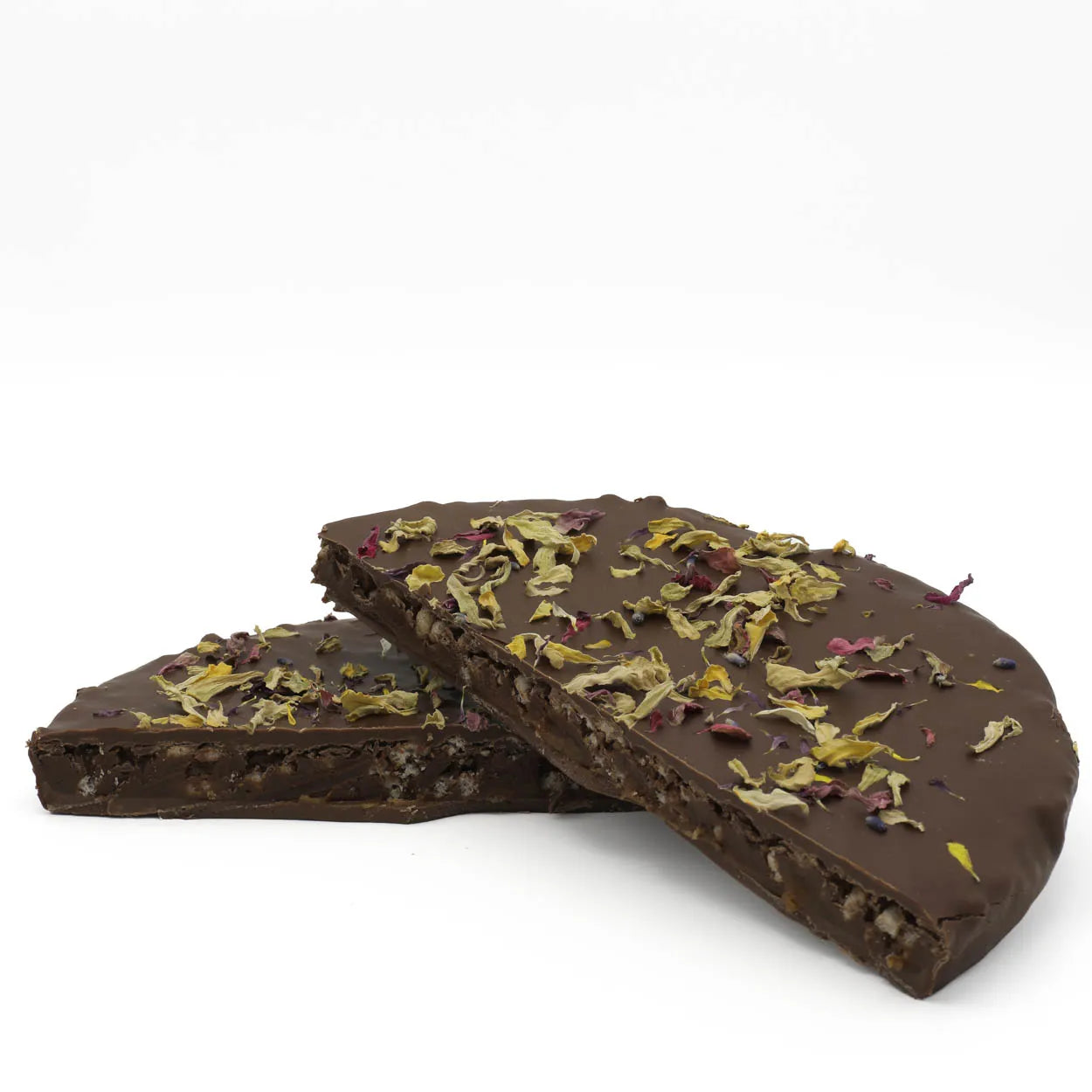 PUFFED RICE AND MILK CHOCOLATE CAKE WITH FLOWER PETALS